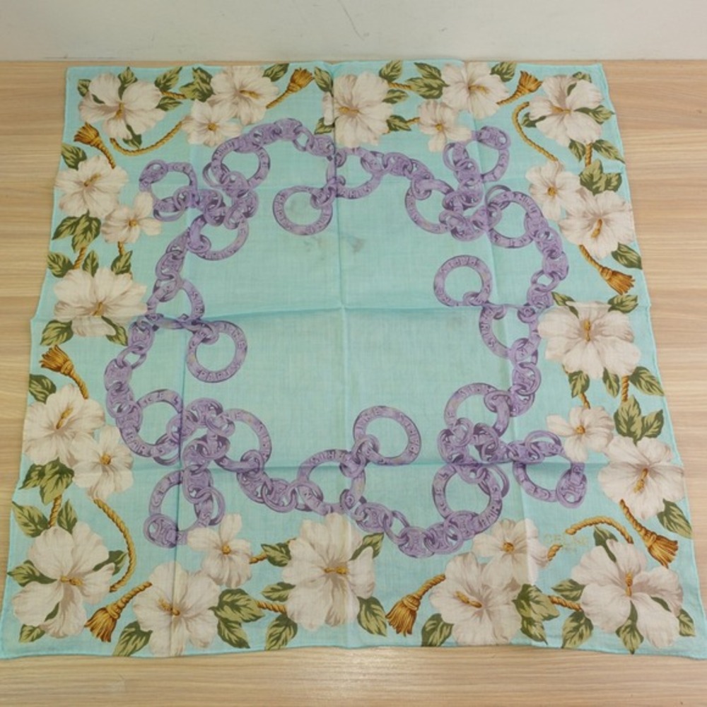90s VTG CELINE Paris Handkerchief Blue Hibiscus Chain Link Scarf AUTH Luxe 20x19 - Picture 1 of 13